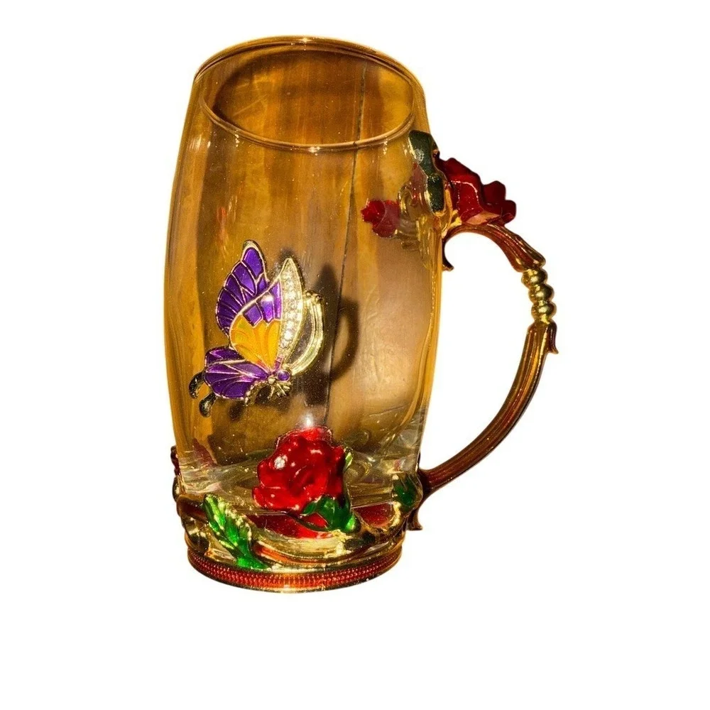 Decorative Clear Glass Mug & Spoon Gift Set Enamel Rose Butterfly‎ Box elegant